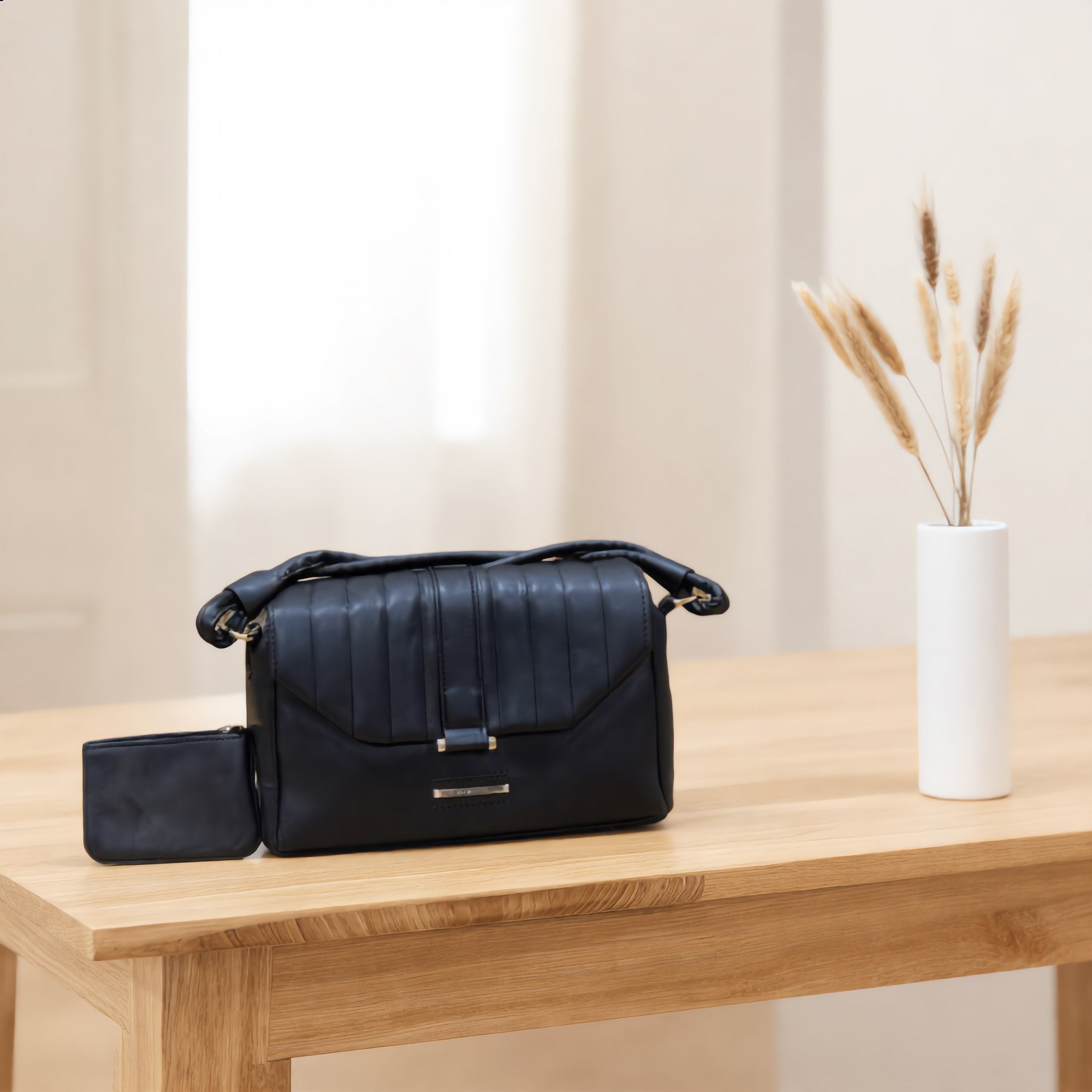 Chic Black Pleated Satchel Handbag with Matching Wristlet Pouch