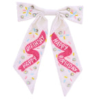 White Satin Beaded Hair Bow with "Happy Birthday" Sprinkles
