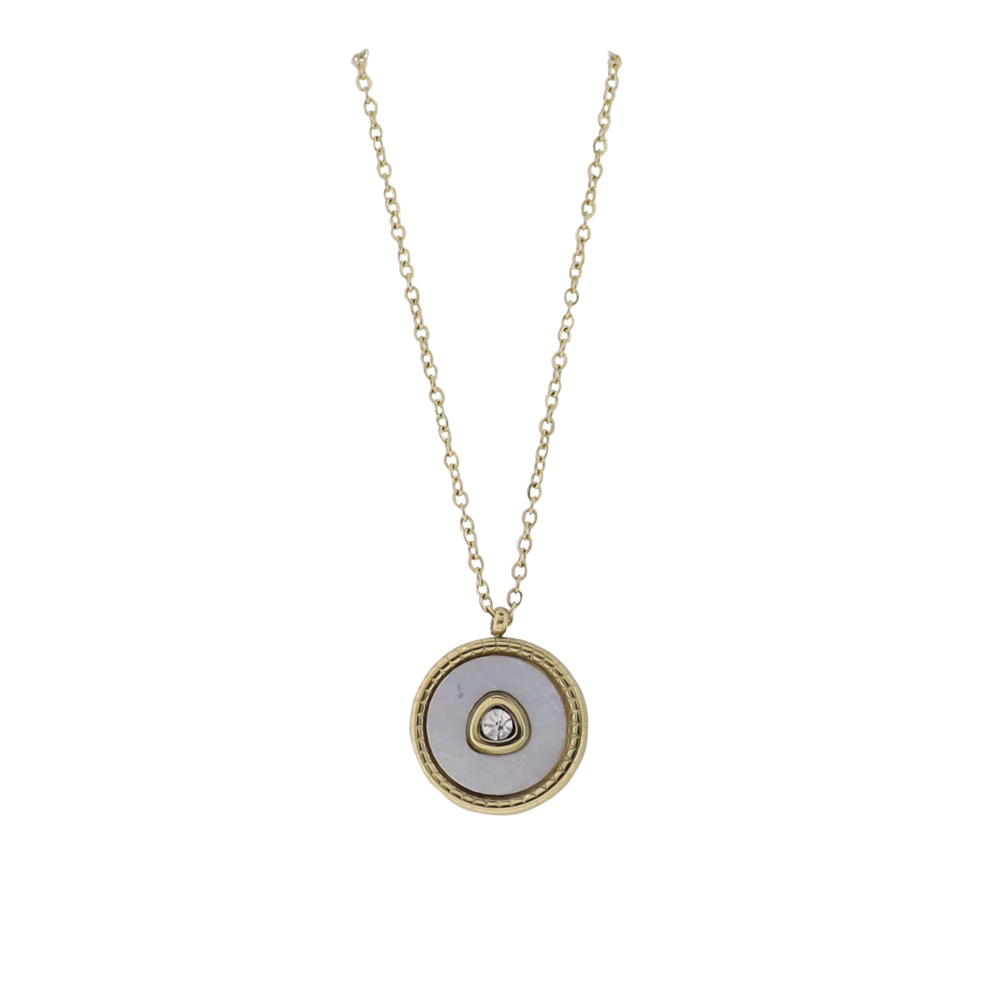 18K Gold Plated O-Shaped Chain Necklace with White Shell Circle with Center Crystal