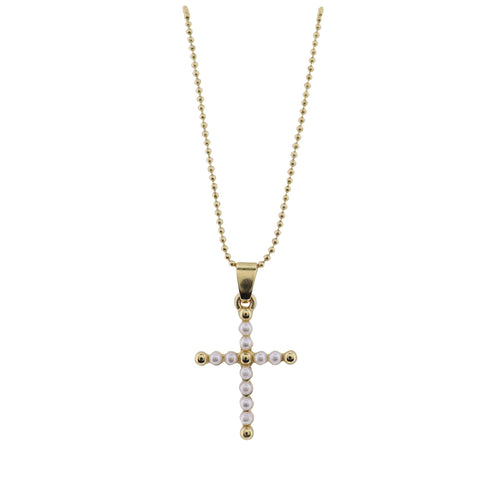 18K Gold Plated Chain Necklace with Pearl Beaded Cross