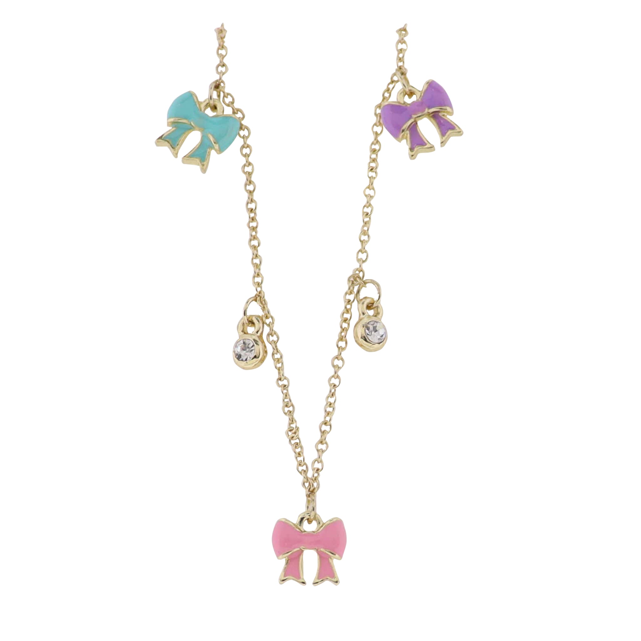 Kids Gold Cable Chain Necklace with Multi Bows & Crystals