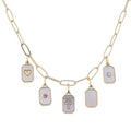 Gold Paperclip Chain Necklace with Shell Charms, Heart, Pink Crystal, Cross, Clear Crystal