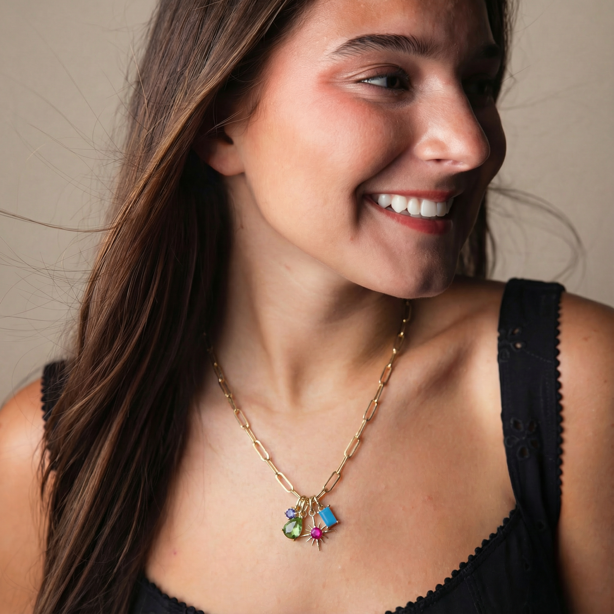 Gold Paperclip Chain Necklace with Blue, Green, Red, Blue Crystal Charms