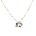 Gold Paperclip Chain Necklace with Blue, Green, Red, Blue Crystal Charms