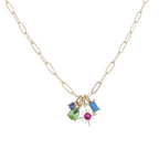 Gold Paperclip Chain Necklace with Blue, Green, Red, Blue Crystal Charms