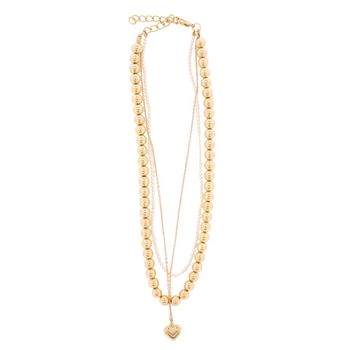 18K Gold Plated Gold & Pearl Beaded 3 Strand Necklace with Gold Heart