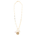 18K Gold Plated Gold Large Box Chain Necklace with Gold Hammered Disk, Clear Crystal, Pearl
