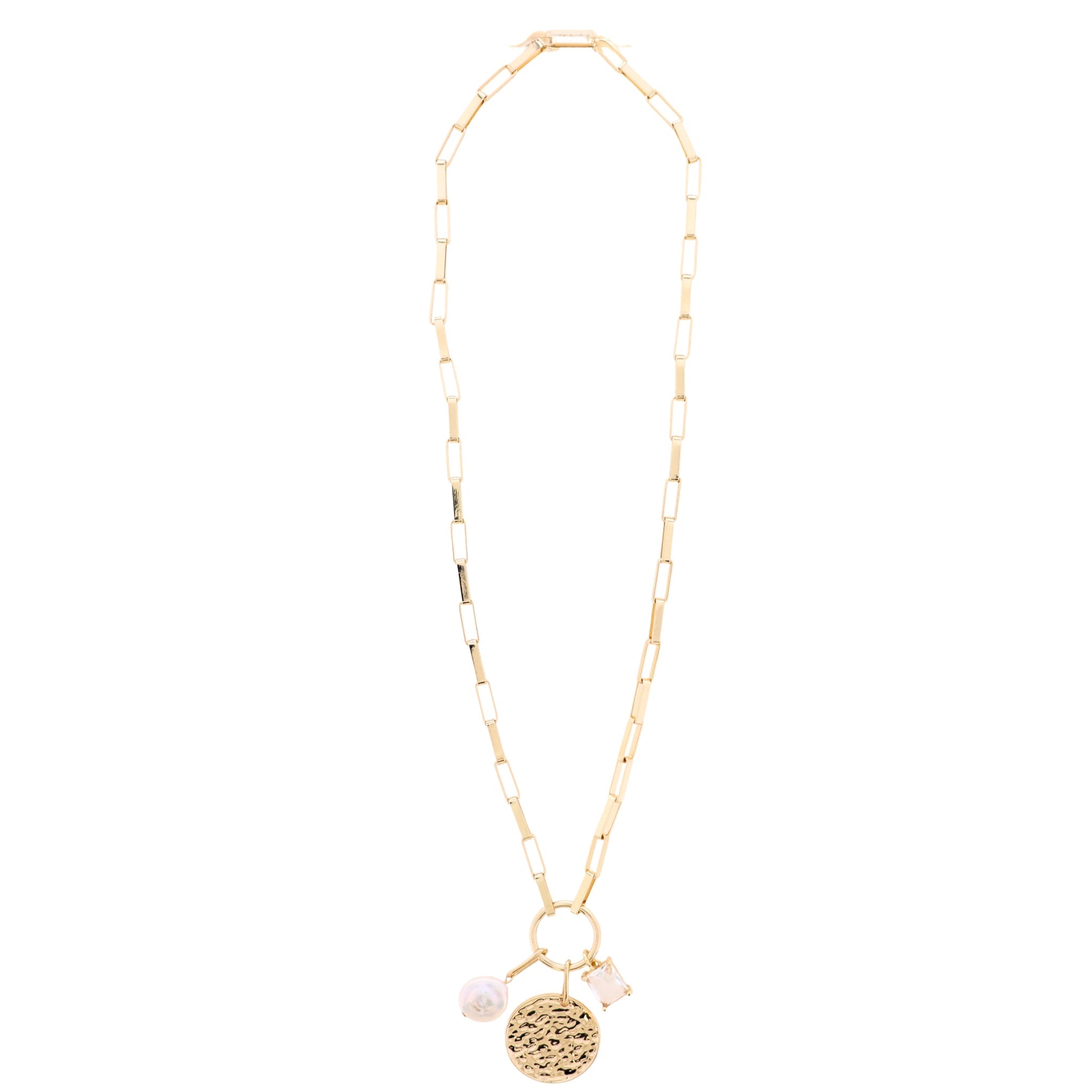 18K Gold Plated Gold Large Box Chain Necklace with Gold Hammered Disk, Clear Crystal, Pearl