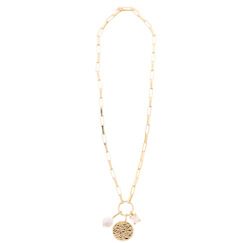 18K Gold Plated Gold Large Box Chain Necklace with Gold Hammered Disk, Clear Crystal, Pearl