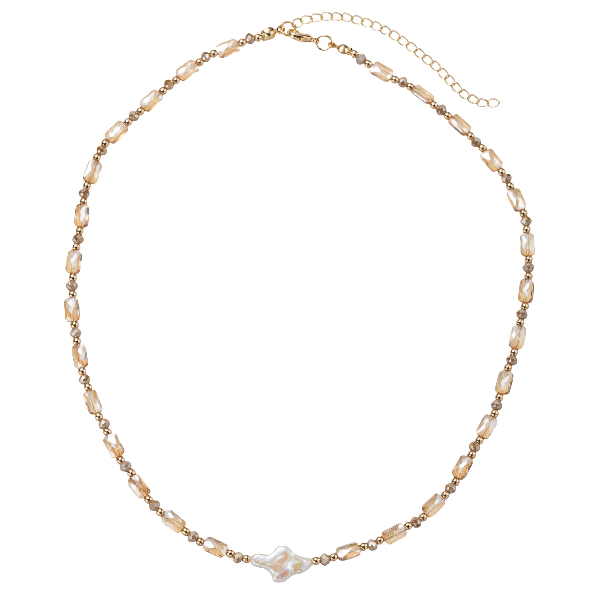 Champagne, Greige, Gold Beaded Necklace with Pearl Cross
