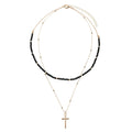 Jet, Gold Beaded 2 Layer Necklace with Gold Cross
