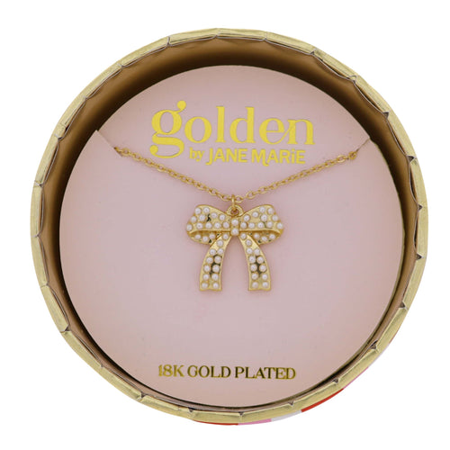18K Gold Plated Cable Chain Necklace with White Pearl Bow