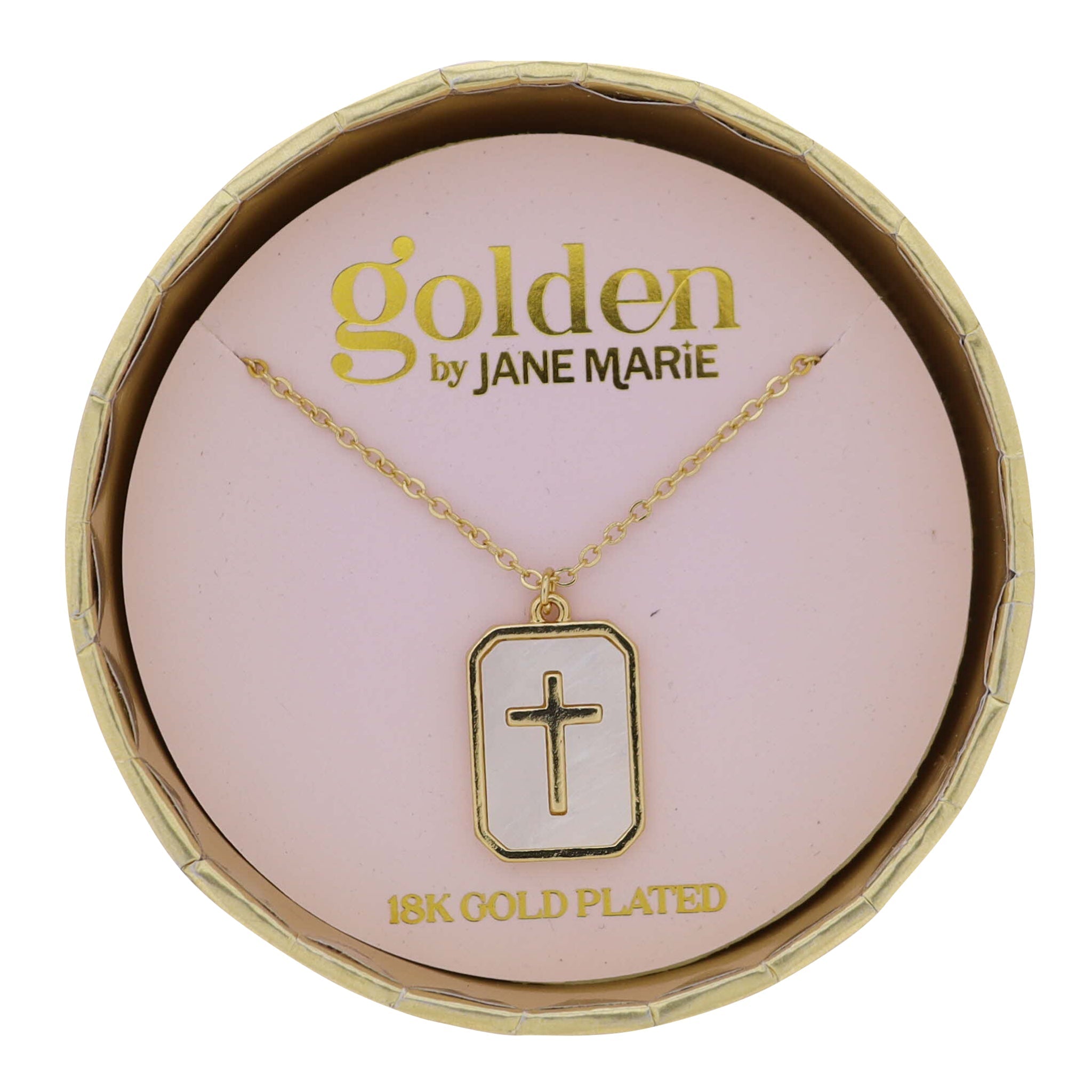 18K Gold Plated Cable Chain Necklace with White Shell Rectangle with Cross