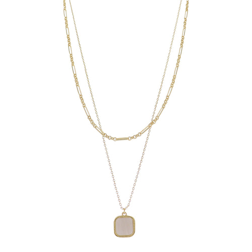18K Gold Plated 2 Layer Oval, Round Link, Cable Chain Necklace with White Sqaure Stone