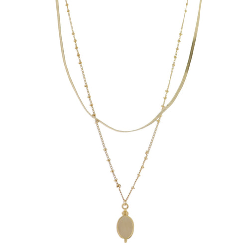 18K Gold Plated 2 Layer Snake & Ball Chain Chain Necklace with Cream Oval Stone