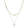 18K Gold Plated 2 Layer Flat Handmade & Rolo Chain Necklace with Clear Crystal Cross