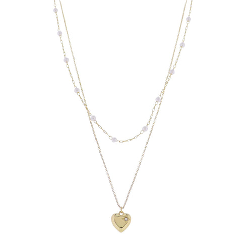 18K Gold Plated 2 Layer Pearl Station & O-Shape Chain Necklace with Gold Bubble Heart
