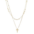18K Gold Plated 2 Layer Flat Handmade & Ball Chain Necklace with Gold Cross
