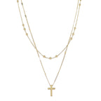 18K Gold Plated 2 Layer Flat Handmade & Ball Chain Necklace with Gold Cross