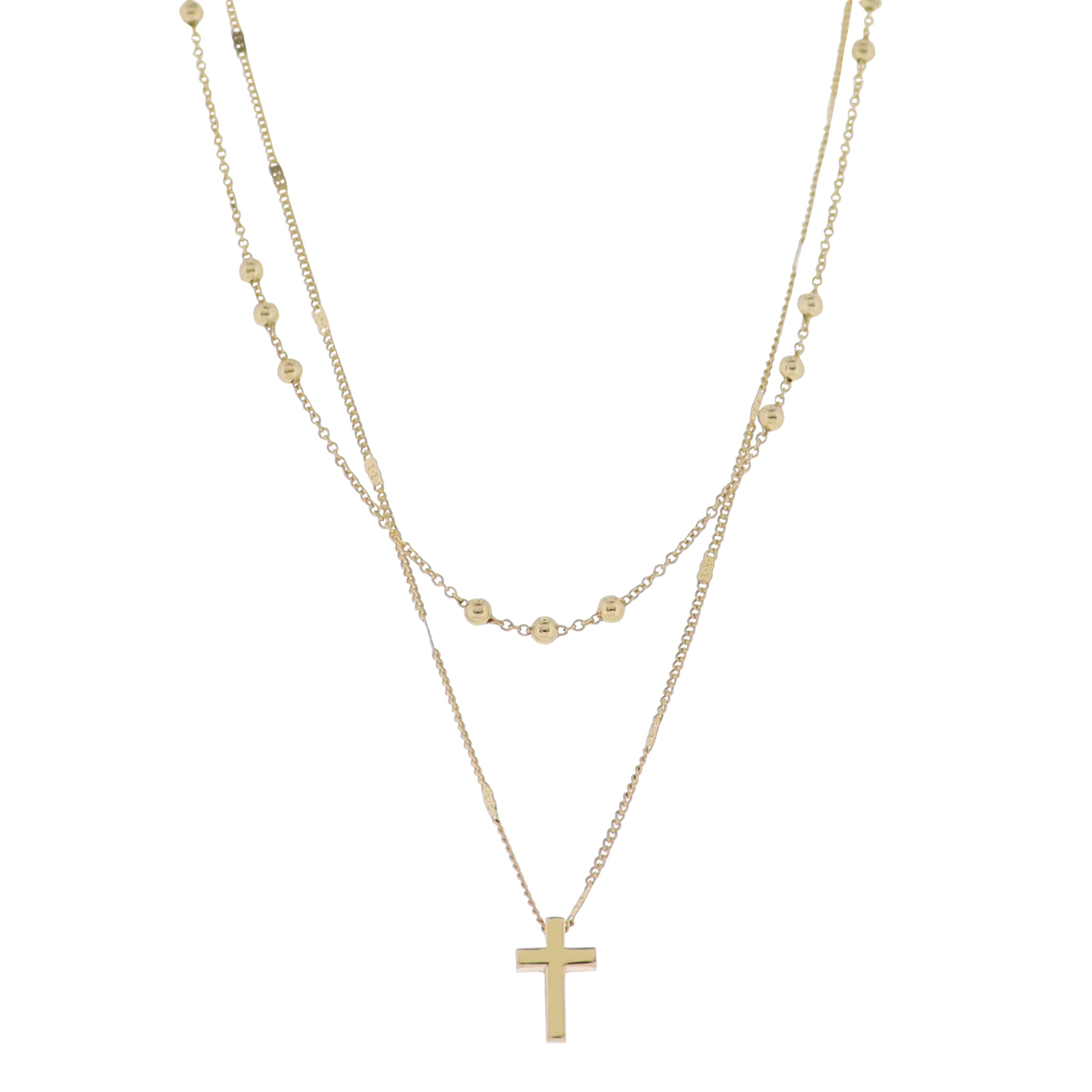 18K Gold Plated 2 Layer Flat Handmade & Ball Chain Necklace with Gold Cross