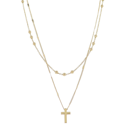 18K Gold Plated 2 Layer Flat Handmade & Ball Chain Necklace with Gold Cross
