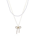 18K Gold Plated 2 Layer Pearl & O-Shape Chain Necklace with Clear Crystal Bow