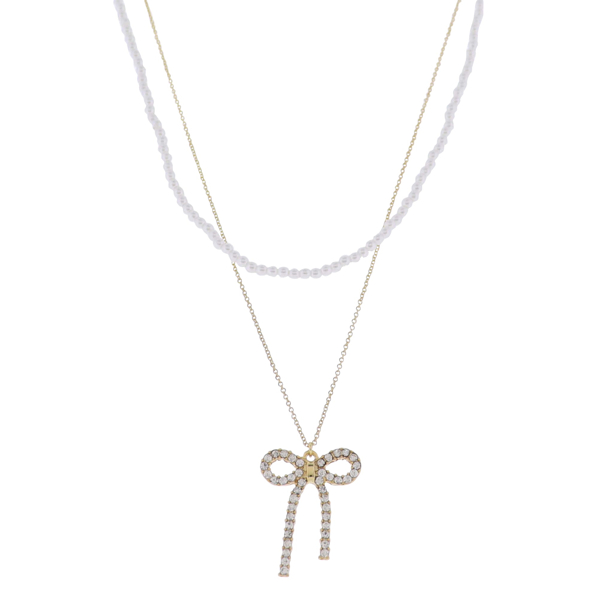 18K Gold Plated 2 Layer Pearl & O-Shape Chain Necklace with Clear Crystal Bow