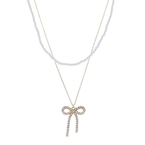18K Gold Plated 2 Layer Pearl & O-Shape Chain Necklace with Clear Crystal Bow