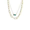 Gold 2 Layer Oval Link, Rolo Chain Necklace with Emerald Crystal Rectangle