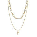 Gold 2 Layer Link, Twisted Chain Chain Necklace with Gold Cross