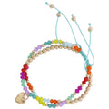 2 Strand Yellow, Orange, Tq, Pink, Gold Beaded Pully Adj. Bracelet with Gold Heart