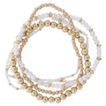 Set of 5 White, Clear, Gold, Pearl Beaded Stretch Bracelet