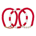 Set of 3, Red, White Rubber Disk Beaded Stretch Bracelet with Apple & "Teach"