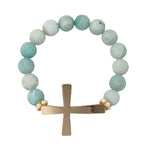 Amazonite Semi Precious Beaded Stretch Bracelet with Gold Cross