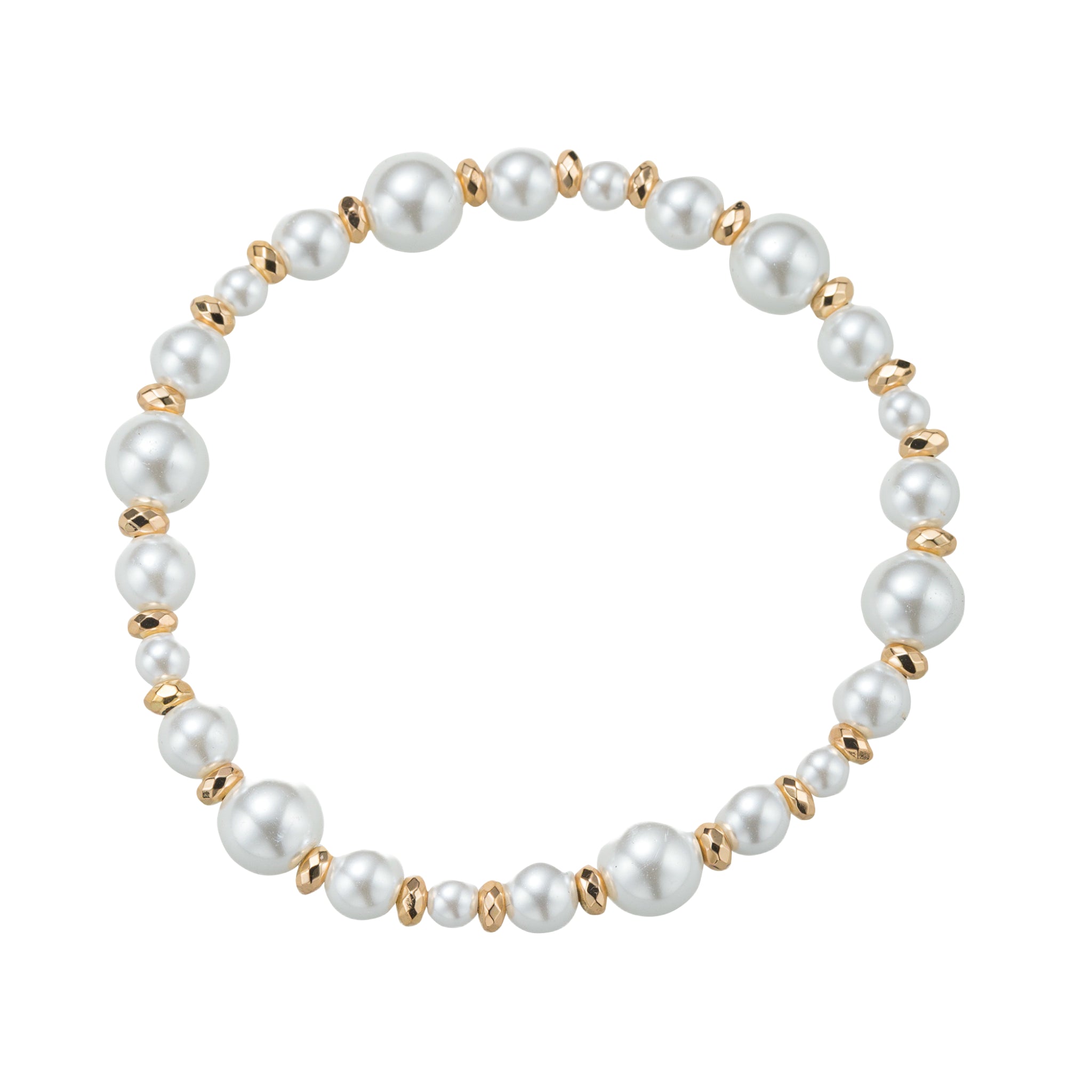 Varying Size Pearl, Gold Beaded Stretch Bracelet