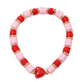 Red, Pink Rubber Beaded Stretch Bracelet with Red Heart