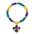 Yellow, Green, Purple, Gold Rubber Ball Beaded Stretch Bracelet with Fleur De Lis Charm