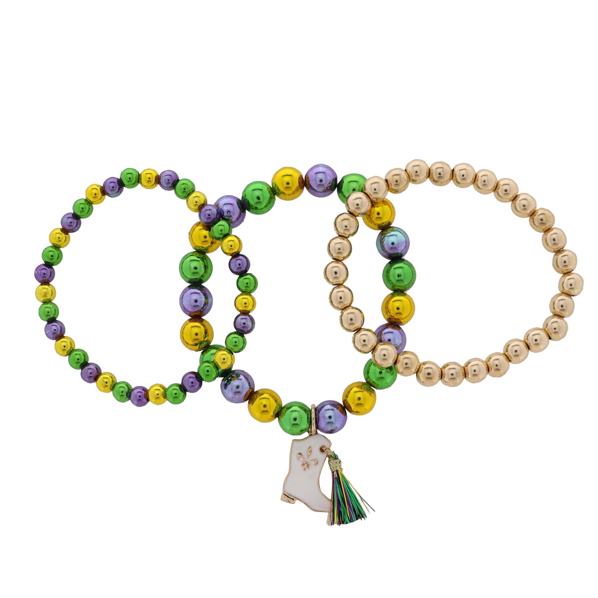 Kids Set of 3 Purple, Gold, Green Beaded Stretch Bracelet with White Mardi Gras Boot & Tassel