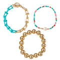 Set of 3, Beaded Gold Ball, Blue, Red, Pink with Pearl, Gold & Blue Link Toggle Bracelet
