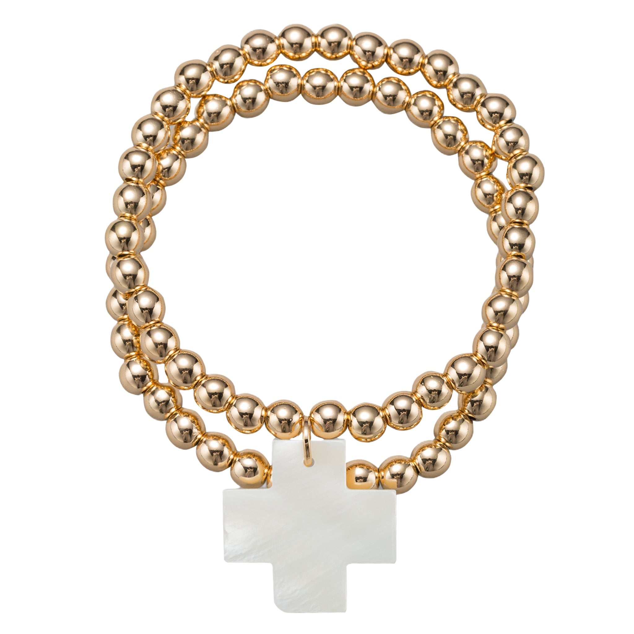 18k Gold Plated Set of 2 Beaded Stretch Bracelet with Shell Cross