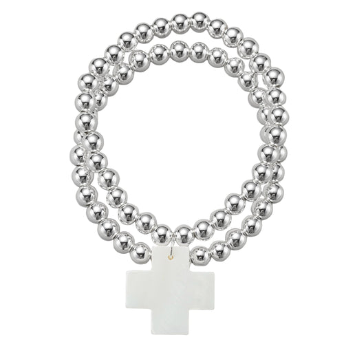 18k Gold Plated Silver Set of 2 Beaded Stretch Bracelet with Shell Cross