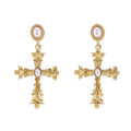 Artisan Pearl Post Earring with Gold Decorative Cross with Pearl Center