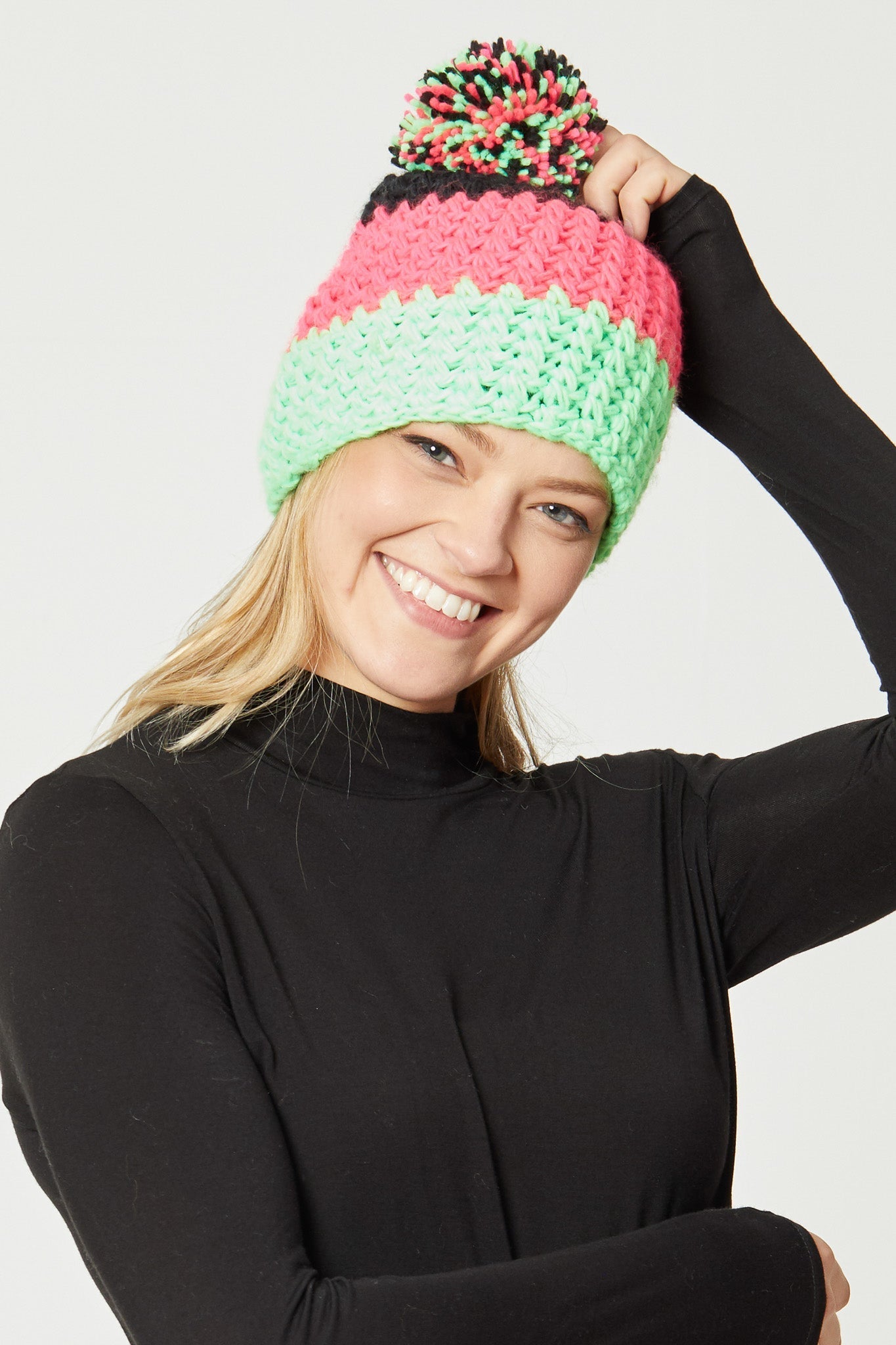Colorblock Knit Beanie With Pom