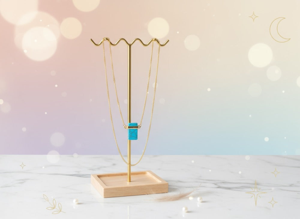 Gold Blue Rectangle Pendant Necklace