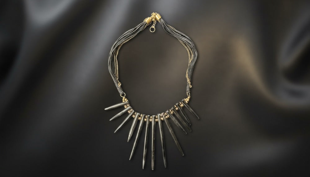 Black Leather Chain Spikes Necklace