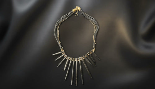 Black Leather Chain Spikes Necklace