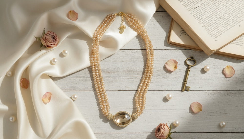 Crystal Beads with Golden Stone Necklace