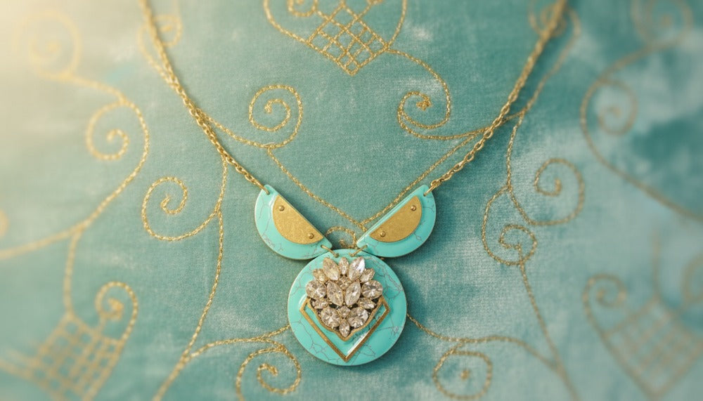 Turquoise and Gold Necklace with Crystal Centerpiece