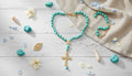 Turquoise Bead Rosary-Style Necklace with Gold Cross Pendant