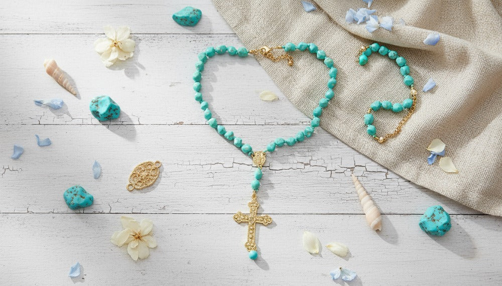 Turquoise Bead Rosary-Style Necklace with Gold Cross Pendant